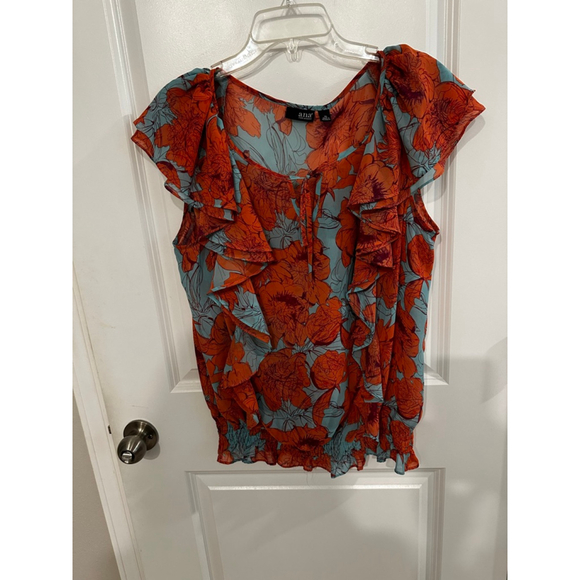 Women's a.n.a Orange Teal Floral Ruffle Blouse XL - Picture 1 of 6